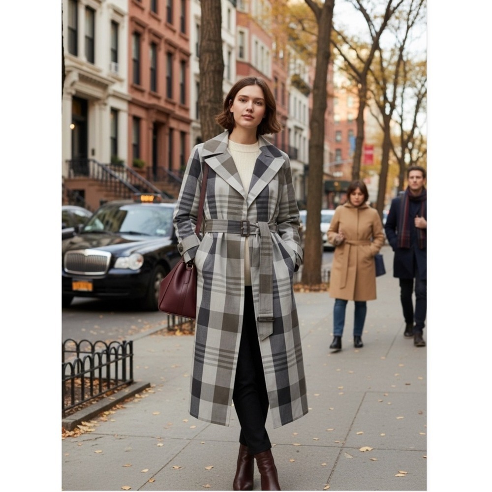 NWT Theory Plaid Trench Coat Women's Size XS Quiet Luxury Designer